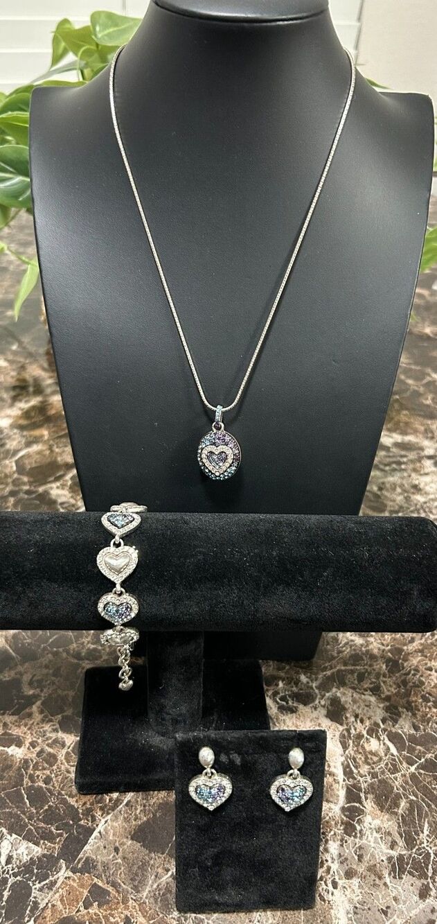 Vintage Brighton Jewelry Surrender Purple & Blue Crystals Heart Necklace Set